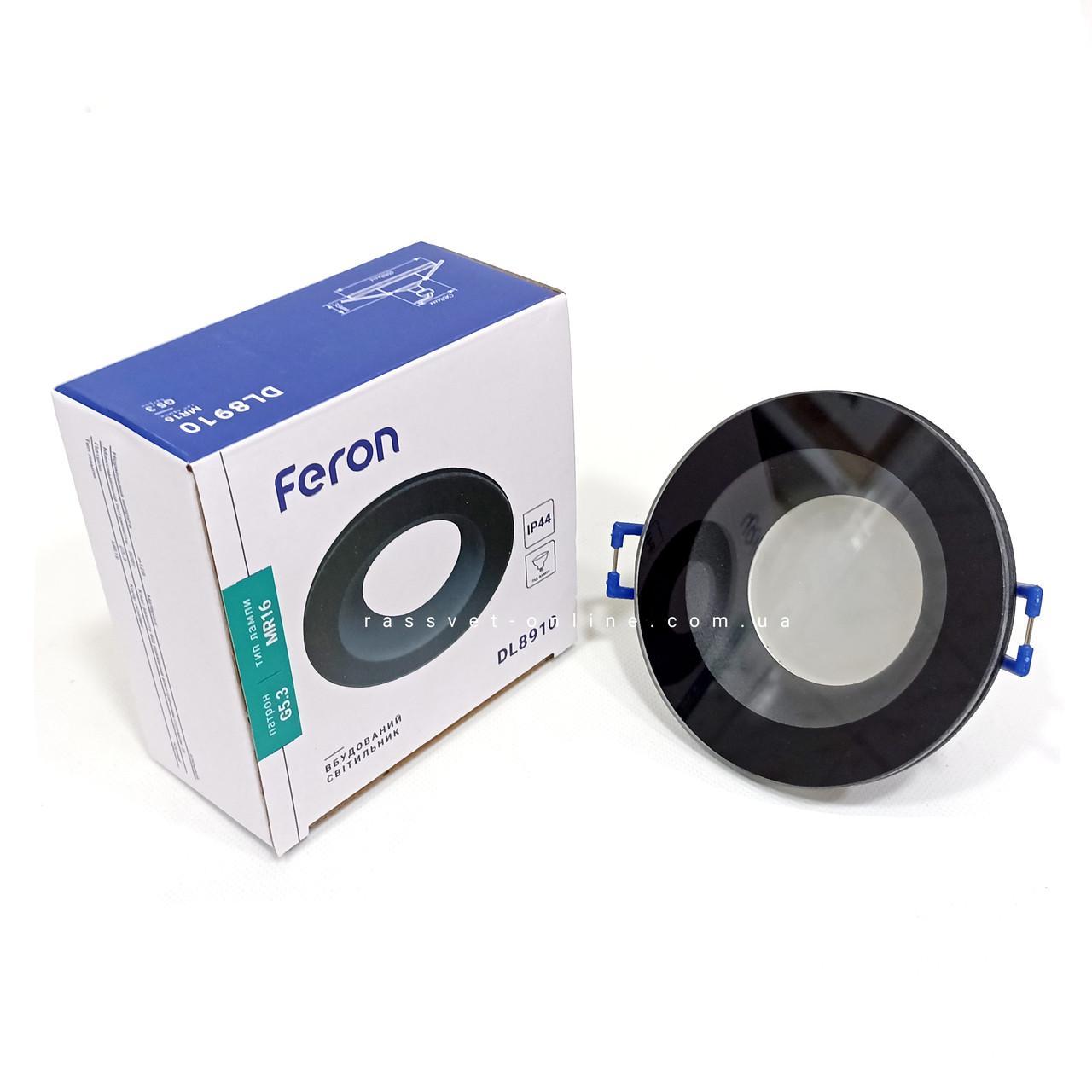 Алюмінієвий світильник з захисним склом Feron DL8910 чорний IP44 Ø88х35мм для ванної кімнати вбудовуваний круглий, фото 1