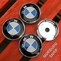 Комплект колпачков заглушек в центр нестандартных литых дисков BMW 60 мм бело-синяя эмблема