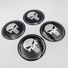 Наклейки на ковпачки заглушки в диски Punisher (Каратель) 56 мм Хромований логотип, чорний фон 4 шт.