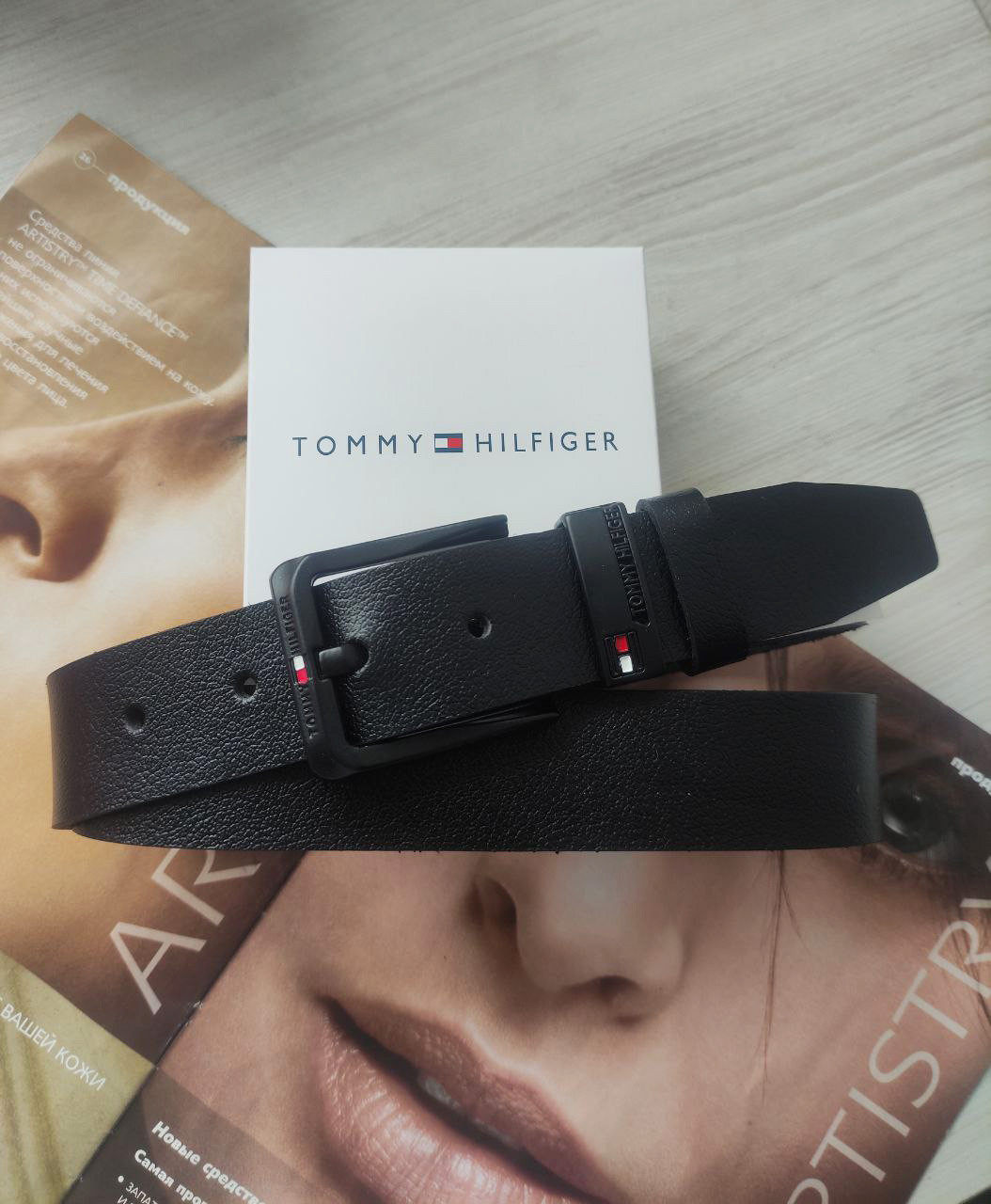 Чоловічий ремінь Tommy з чорною пряжкою в коробці, фото 1