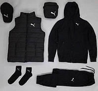 Стильный мужской зимний ФЛИС Комплект с курткой Puma спортивный костюм + жилетка + кепка + барсетка + носки