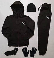 Зимний мужской ФЛИС Комплект Puma спортивный костюм + шапка + перчатки + носки