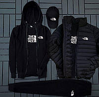 Теплый мужской ФЛИС комплект с курткой The North Face спортивный костюм + футболка + кепка + куртка