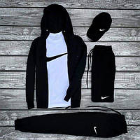 Мужской зимний спортивный комплект на флисе 5 в 1 NIKE. Спортивный костюм + белая футболка + шорты + кепка
