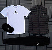 Мужской зимний теплый ФЛИС комплект с жилеткой Jordan. Футболка + кепка + штаны + жилетка