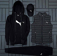 Теплый мужской ФЛИС Комплект с жилеткой Puma спортивный костюм + футболка черная + кепка + жилетка