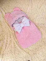 Конверт спальник для новорожденных теплый плюшевый розовый