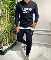 Теплый черный мужской спортивный костюм Reebok на флисе (свитшот + штаны)