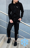 Зимний черный мужской спортивный костюм Puma на флисе