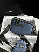 Стильная мужская сумка Prada Brique Re-Nylon and Saffiano leather bag Blue manbag 21 x 15 x 6 см