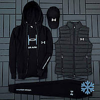 Зимний мужской спортивный комплект с жилеткой Under Armour. Спортивный костюм + футболка черная+кепка+жилетка