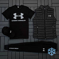 ФЛИС спортивный комплект с жилеткой Under Armour. Футболка черная + кепка+ жилетка + штаны