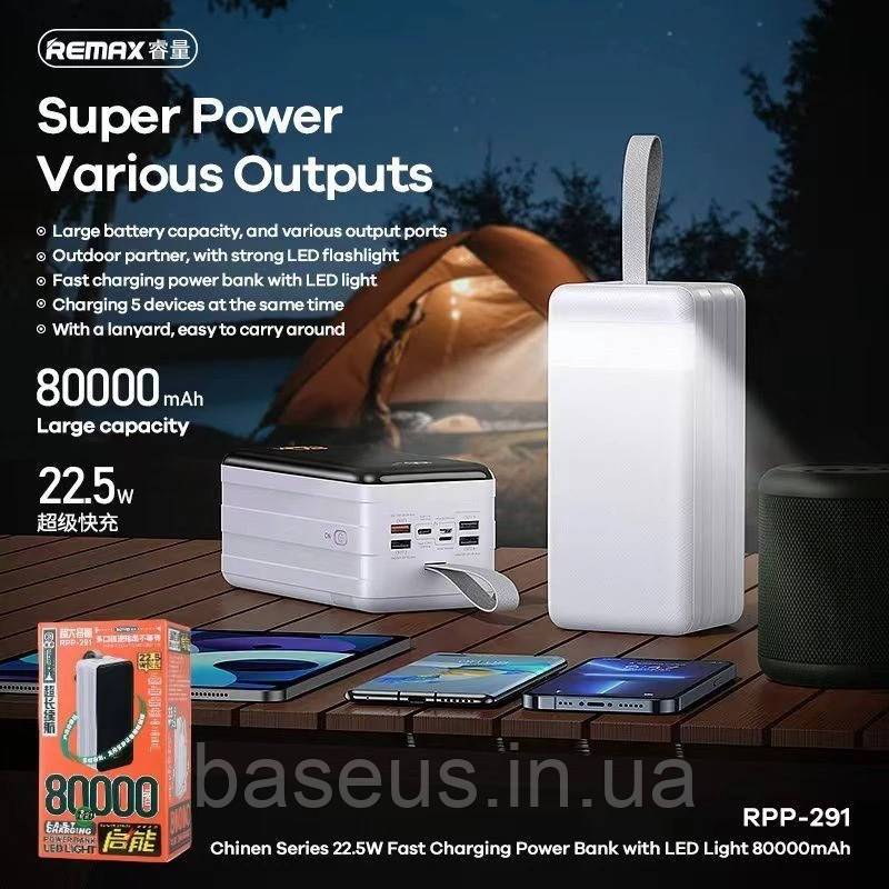 Зовнішній акумулятор (павербанк) REMAX 80000 mAh Chinen Series 22.5W PD+QC з ліхтарем