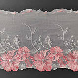 Ажурне мереживо вишивка на сітці: рожева, сіра, срібляста нитки по рожевій сітці, ширина 20 см, фото 3