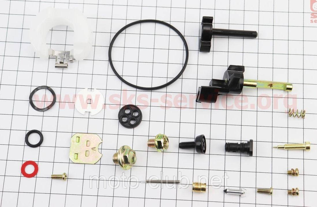Ремонтний комплект карбюратора для мотоблока з двигуном 168F/170F, 22 деталей + поплавець + важіль, фото 1