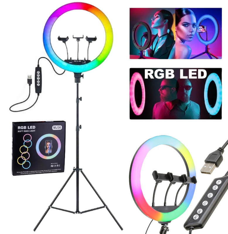 Кольцева кольорова лампа MJ-36 RGB на 30 Вт. (Діаметр - 36 см.) зі штативом і 3 тримачами, на USB