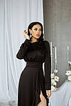 Чорна шовкова довга сукня з воланами, фото 7