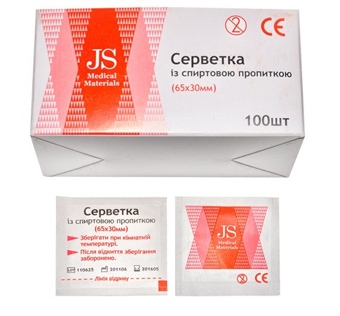 Серветки зі спиртовим просоченням JS 30х65мм 100 шт. в уп
