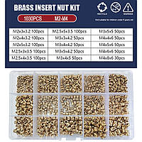 Гайки Латунные с Накаткой и Внутренней Резьбой M2, M2.5, M3, M4, M5, M6 Вплавляемые Набор 1030 шт