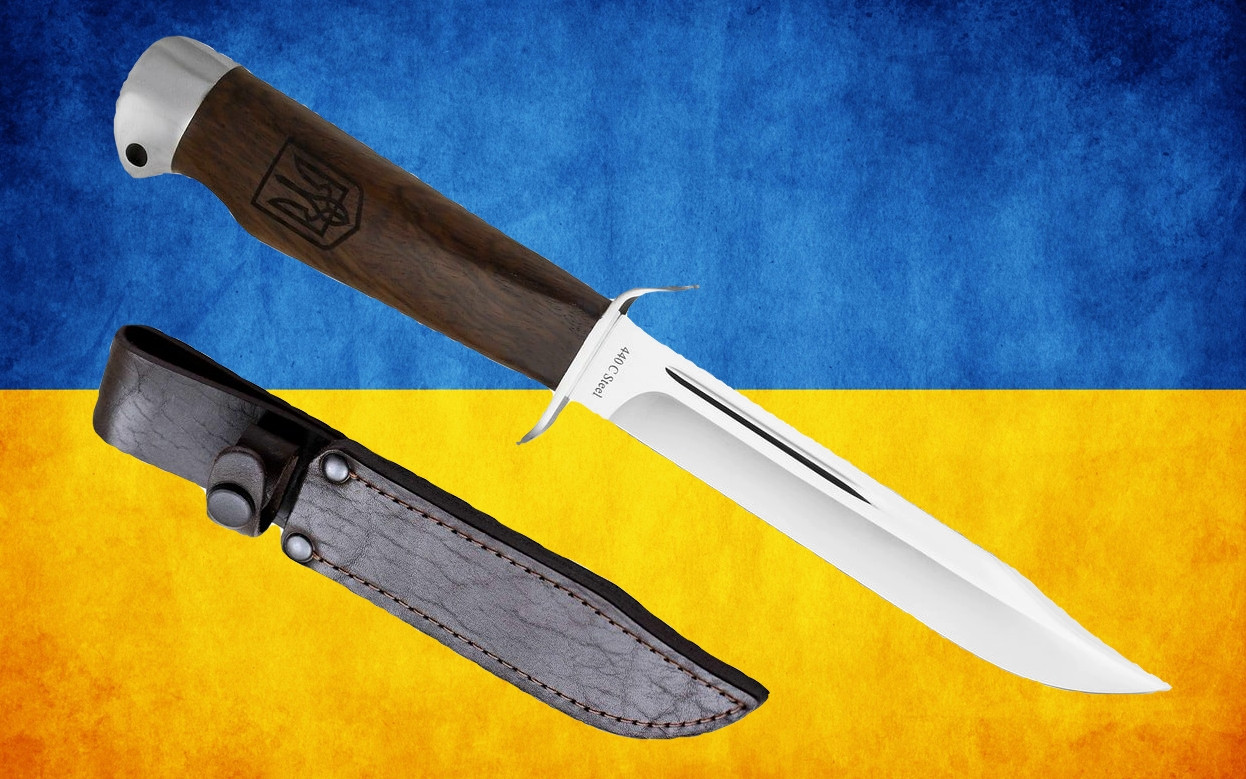 Ніж Фінка Тактичний Мисливський з Подовженим лезом, Гардою, Дерев'яною рукояттю ГЕРБ УКРАЇНИ