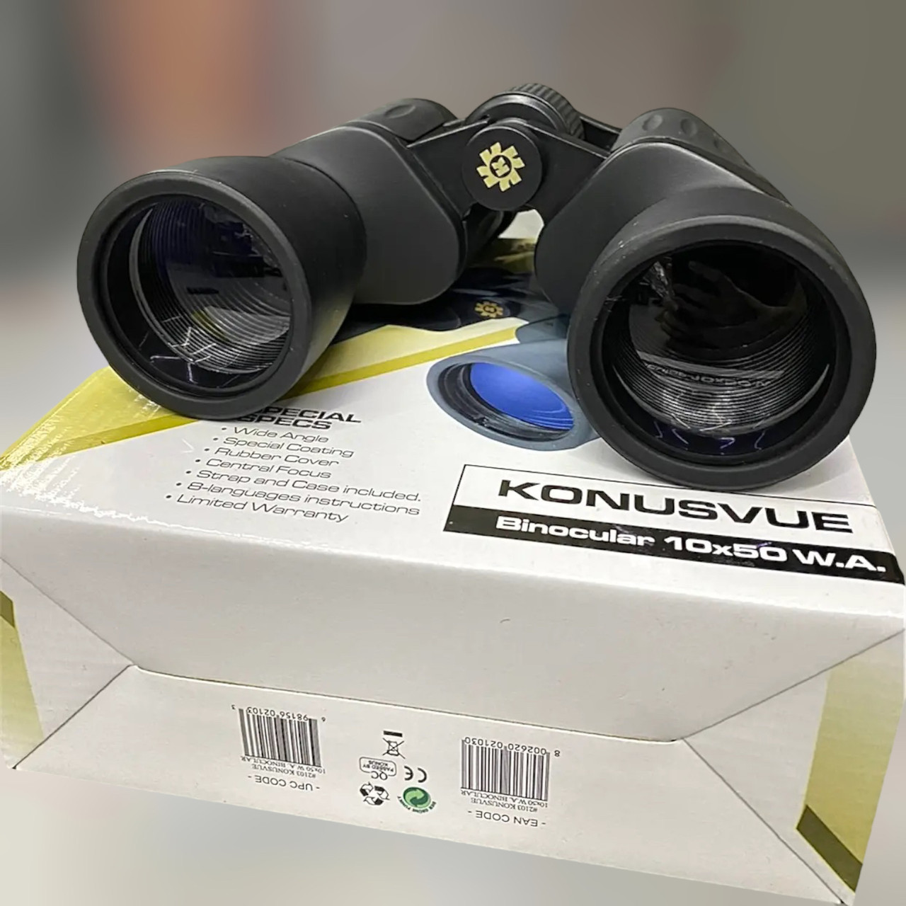 Бінокль KONUS KONUSVUE 10x50 W.A., широкий кут огляду, чохол, ремінь, захисні кришки