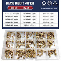 Гайки Латунные с Накаткой и Внутренней Резьбой М2, M3, M4 Вплавляемые Набор 330 шт (SP-0677330)