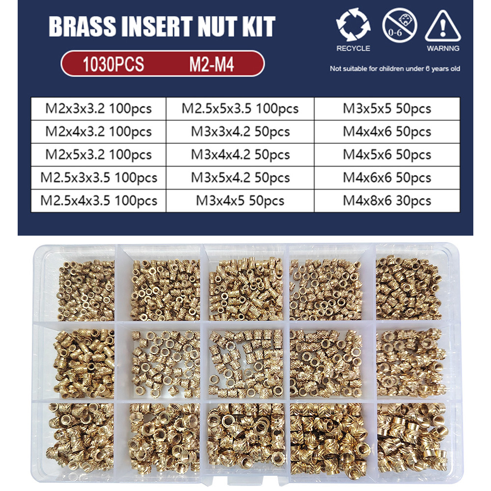 Гайки з Накаткою та Внутрішнім Різьбленням M2, M2.5, M3, M4, M5, M6 Латунні Вплавлювані Набір 1030 шт Spec (SP-06771030)