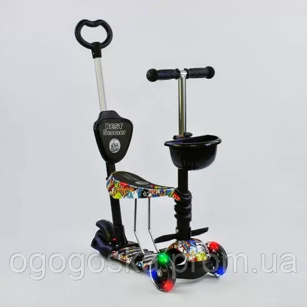 Самокат дитячий 5в1 Best Scooter 34760 Чорний Абстракція, Батьківська ручка, Колеса з підсвічуванням, Сидіння