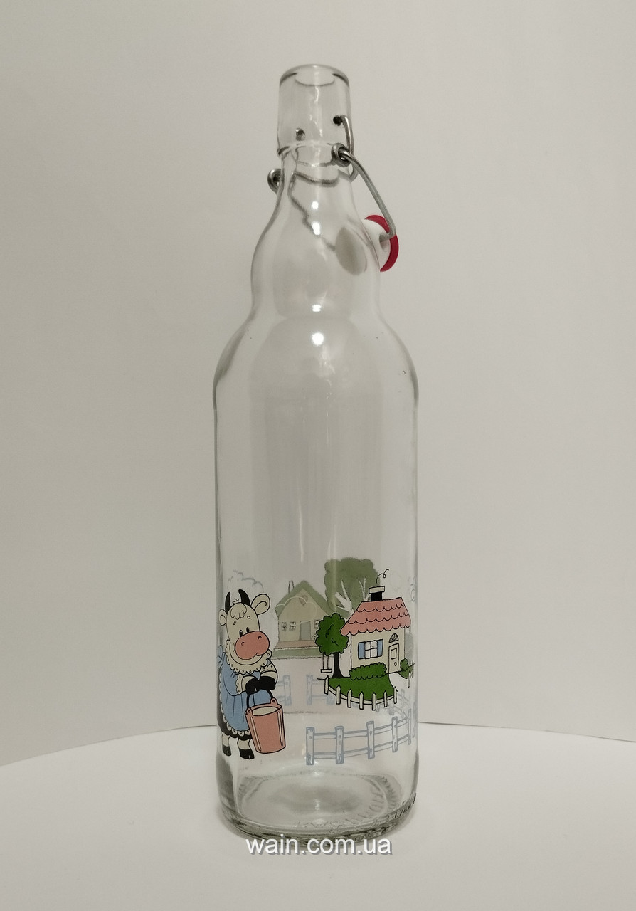 Пляшка скляна Корівка з бугельним замком 1 л Everglass для молока, компоту, соку