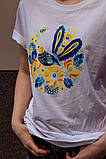 Футболка жіноча біла бавовняна з принтом Петриківський розпис СОЛОВЕЙ патріотичний Український подарунок, фото 9
