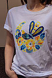 Футболка жіноча біла бавовняна з принтом Петриківський розпис СОЛОВЕЙ патріотичний Український подарунок, фото 10