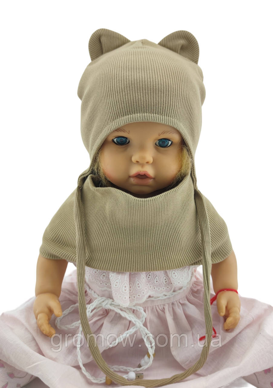 Шапка дитяча трикотажна подвійна для новонароджених з хомутом головні убори бежевий (ШД311), фото 1