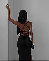Женское элегантное черное платье в длине миди с разрезом на бретельках с открытой спиной; размер: 42-44, 44-46