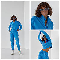 Женский спортивный костюм качественный свитшот и штаны джогери однотонный осенний, весенний двунитка голубой S