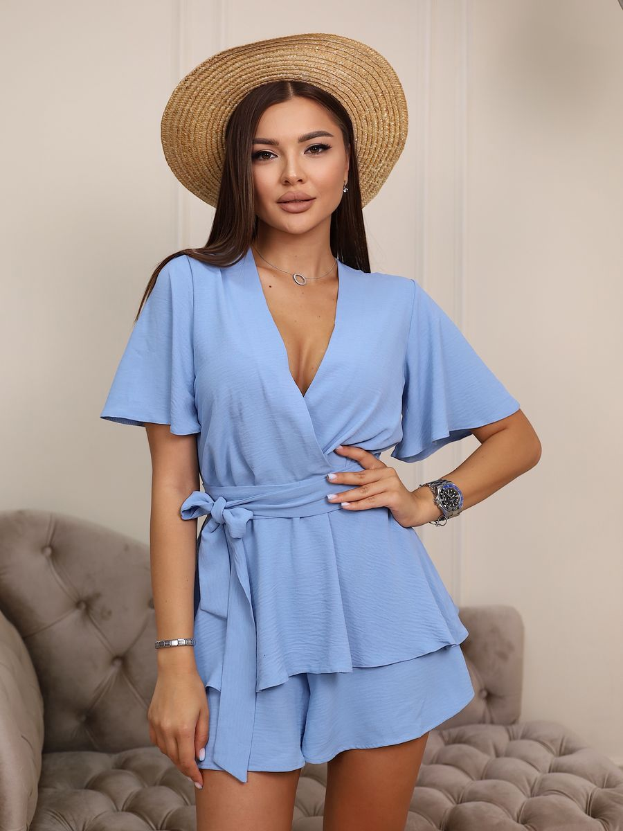 Стильний жіночий літній комбінезон з коротким рукавом, блакитний, фото 1