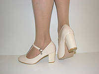 Нарядные женские туфли цвет беж на устойчивом среднем каблуке с ремешком размер 38