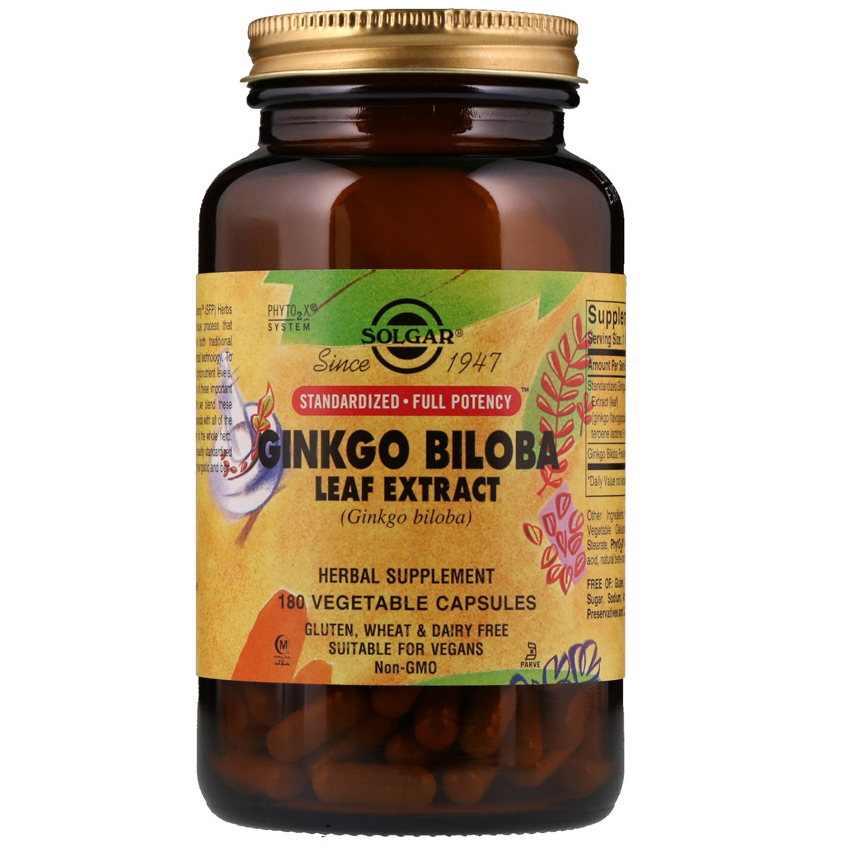 Экстракт Листьев Гинкго Билобы, Ginkgo Biloba Leaf Extract, Solgar, 180 гелевых капсул - фото 1 - id-p1908912637