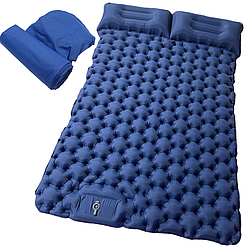 Надувний двомісний матрац з подушкою (196х125х9 см), Синій / Похідний каремат з вбудованим ножним насосом