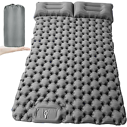 Надувний двомісний матрац з подушкою (196х125х9 см), Сірий / Похідний каремат з вбудованим ножним насосом.