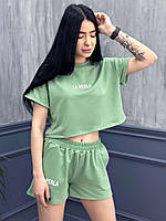 ✅ Жіночий літній костюм спортивний з шортами і топом з написом "La perla", двунитка, норма | яскравий