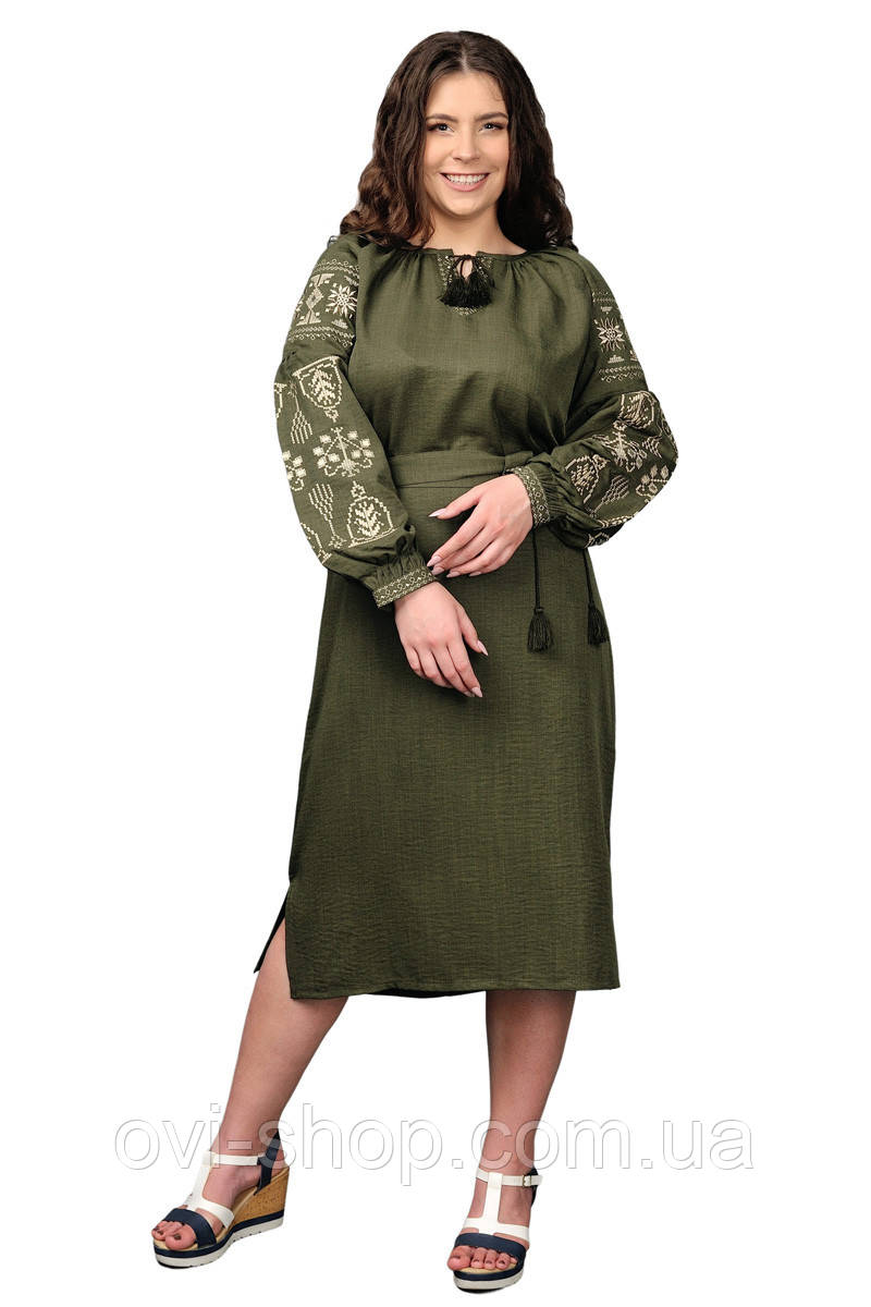 Сукня вишиванка «Купава» міді, колір хакі, фото 1
