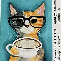 Набір алмазної мозаїки "Кіт з кавою". Розмір 30*40 див.