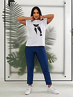 Брючний костюм ( брюки і блуза з поясом), є великі розміри, арт 453, колір синій / синього кольору