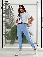 Брючний костюм ( брюки і блуза з поясом), є великі розміри, арт 453, колір блакитний / блакитного кольору