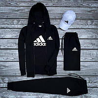 Мужской комплект Adidas Черная кофта, штаны, шорты, футболка и белая кепка