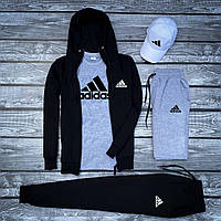 Мужской комплект Adidas Черная кофта, штаны, шорты, футболка и белая кепка