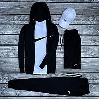 Мужской комплект Nike Черная кофта, штаны, шорты, футболка и белая кепка