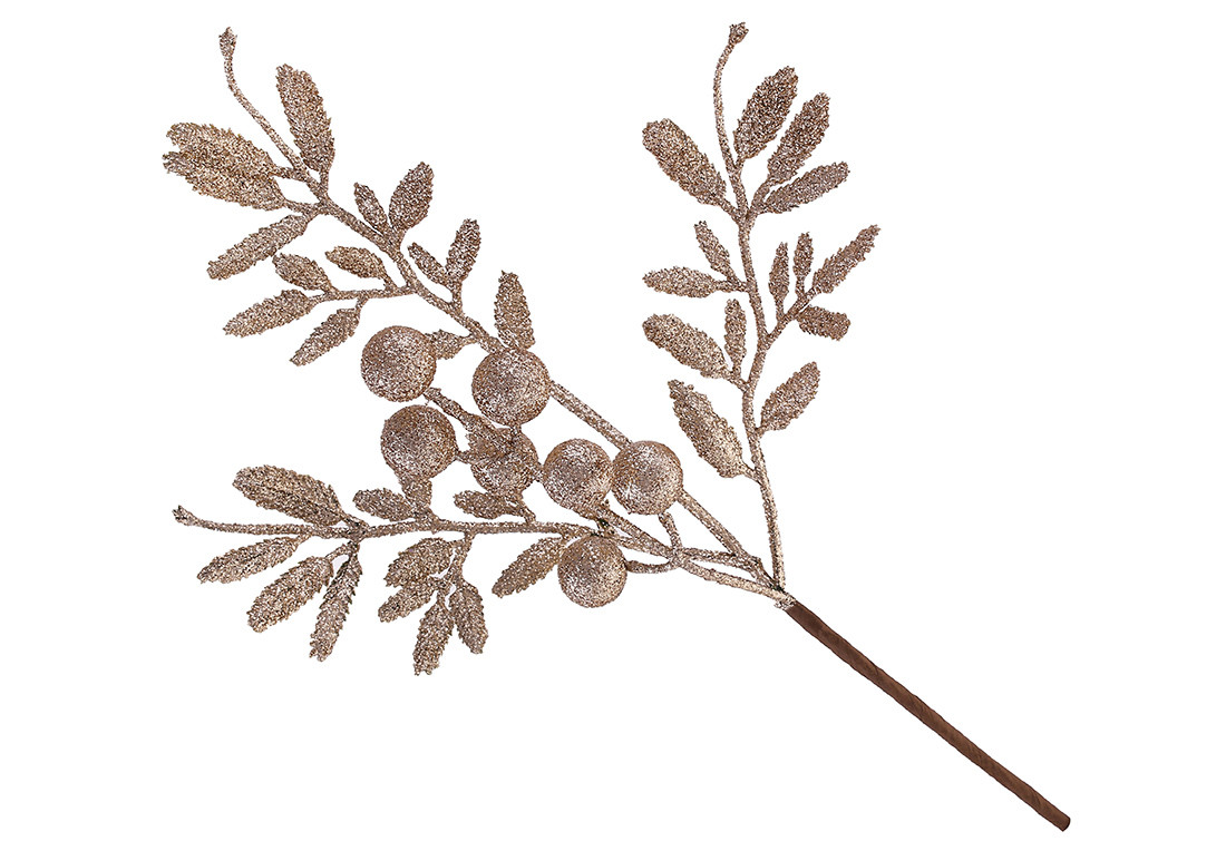 Гілка з листям та ягодами в гліттері 35см, колір - шампань - 12 шт УПАКОВКА ТОВАР ВІД ВИРОБНИКА