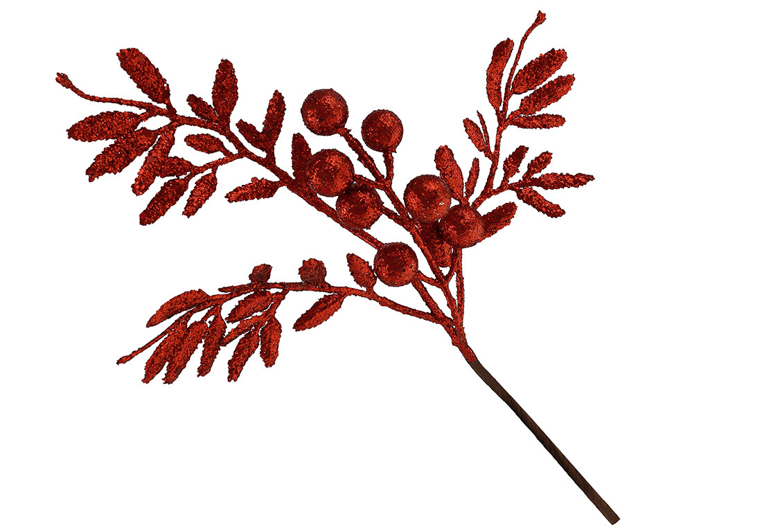 Гілка з листям та ягодами в гліттері 35см, колір - червоний - 12 шт УПАКОВКА ТОВАР ВІД ВИРОБНИКА