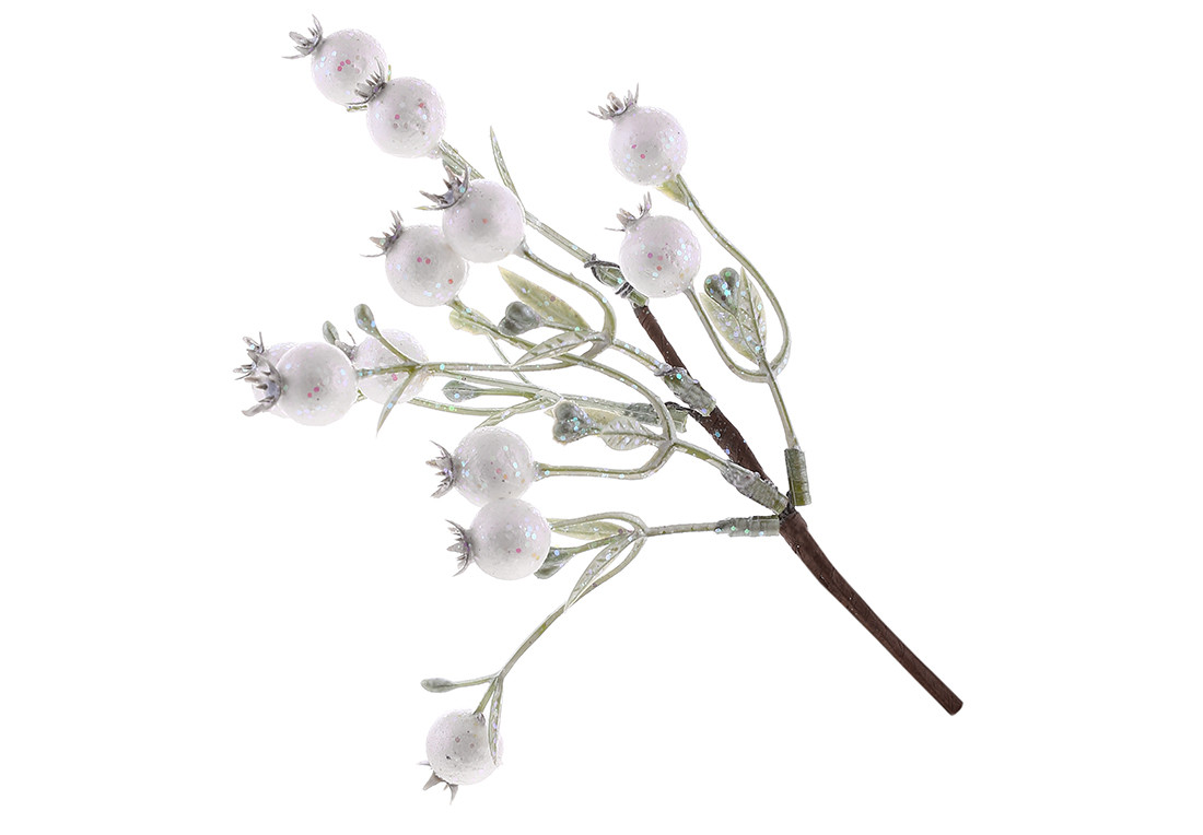Гілка з білими ягодами в гліттері 23см - 12 шт УПАКОВКА ТОВАР ВІД ВИРОБНИКА